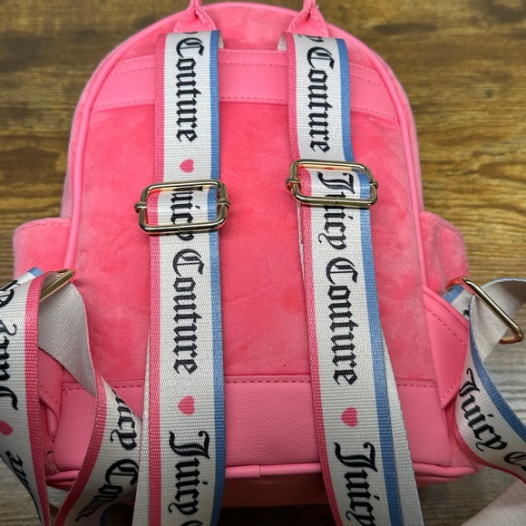 Juicy Couture Pink Velour Mini Backpack Rhinestone Logo Webbed Straps Y2K Style - Picture 6 of 11